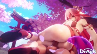 Sexy Foxy Yae Miko wird von unten hart gefickt und liebt es - Genshin Impact