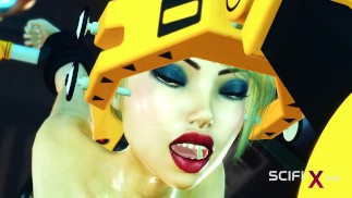 BDSM sci-fi menotté et baisé. Une jeune chaudasse sexy et un androïde transexuelle au labo