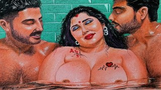 Erotic Art Or Drawing Of  Sexy Indian Married Woman Having A Steamy Affair With Her Two Boyfriends