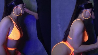 Sexy neon slut deepthroats neighbors big cock before her husband gets home - THROATPIE FINISH!