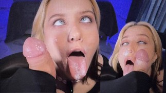 dirty slut jerks cock furiously, makes ahegao face and gets cum on her face with relish