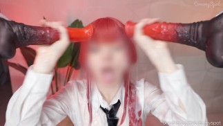 Makima riceve enormi sborrate da due mostruosi. Hentai della vita reale