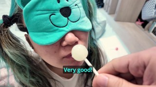 Blindfolded japanese step-sister tricked to suck cock in a game of "Guess the taste" with lollipops