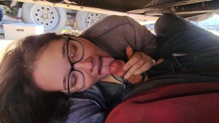 stepdaughter warms me up under truck with a blowjob until her mouth is full of cum