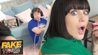 Fake Hostel - squirting in his face as prank before ANAL CREAMPIE