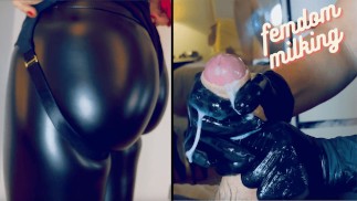 POV enorme cumshot van melken en hoge hakken vertrappelen in glanzende legging