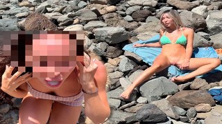 sex and blowjob in public on the beach from a blonde and a brunette