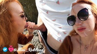 Wild beach walk with blowjob and cum on face and glasses